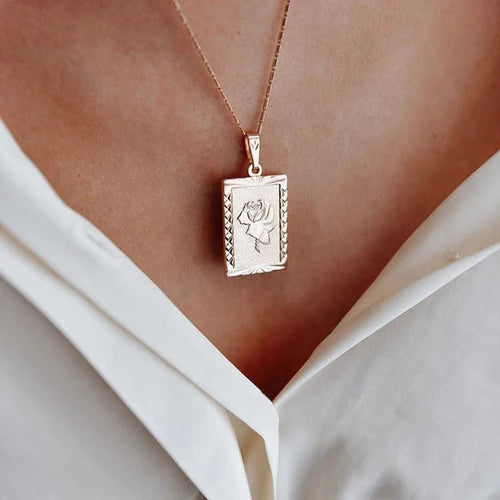 Rose Square Pendant Necklace – a delicate square charm with a modern, minimalist style.