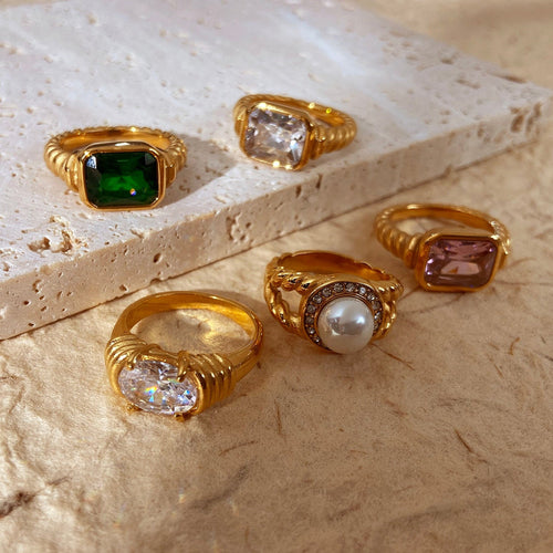 Image of the Cleo Ring – a striking 18K gold stainless steel ring with a bold, regal-inspired design, perfect for elevating any look.

