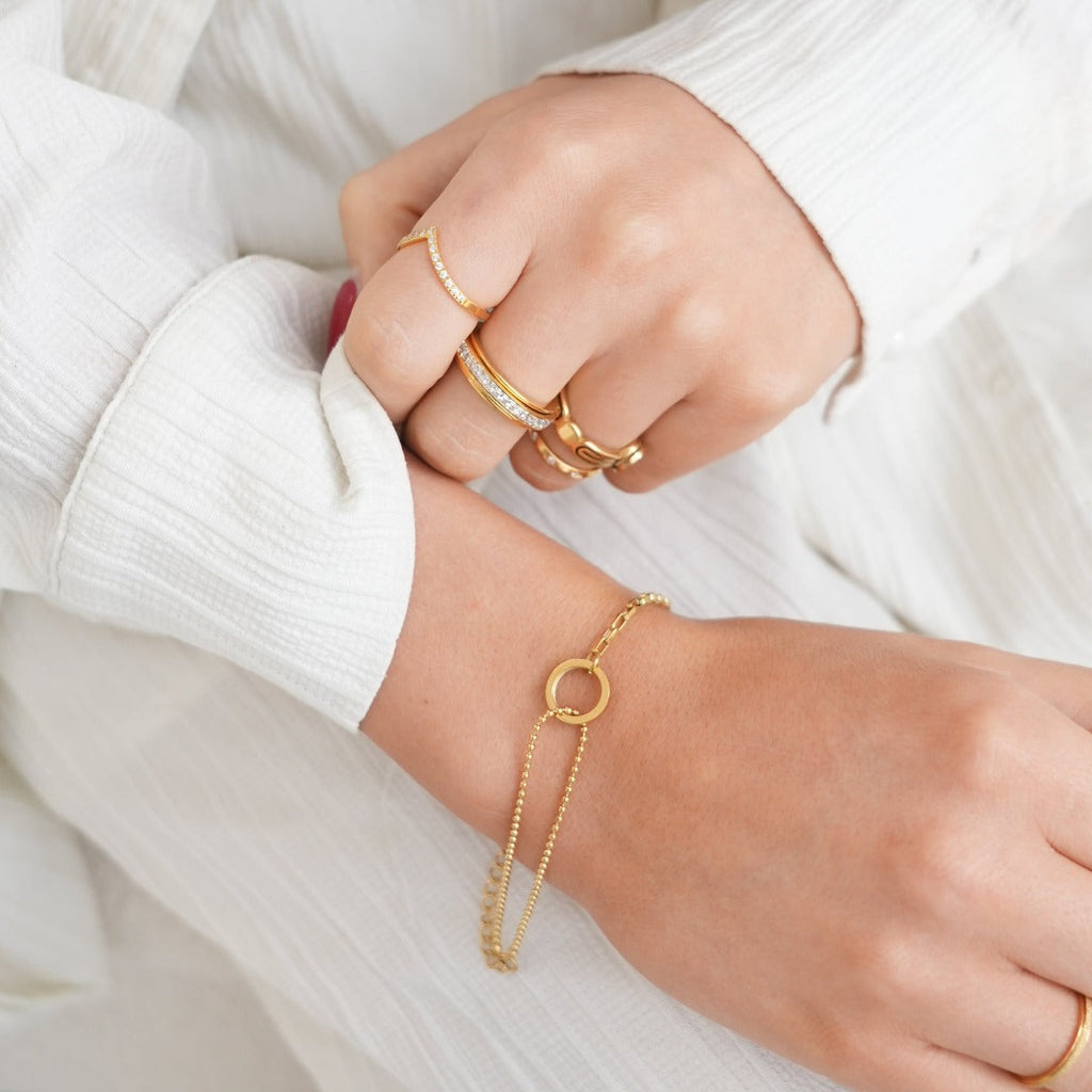 Image of the Divine Harmony Bracelet – an elegant 18K gold stainless steel bracelet symbolizing balance, grace, and timeless beauty.

