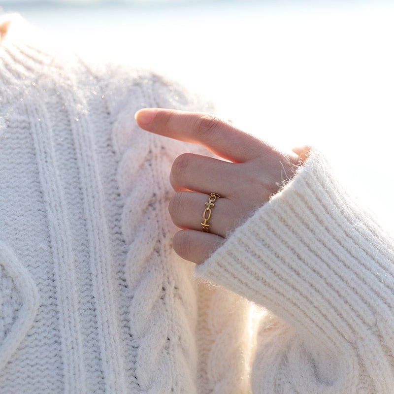 Image of the Infinity Ring – a delicate 18K gold stainless steel ring with the iconic infinity symbol, elegant and perfect for daily wear.

