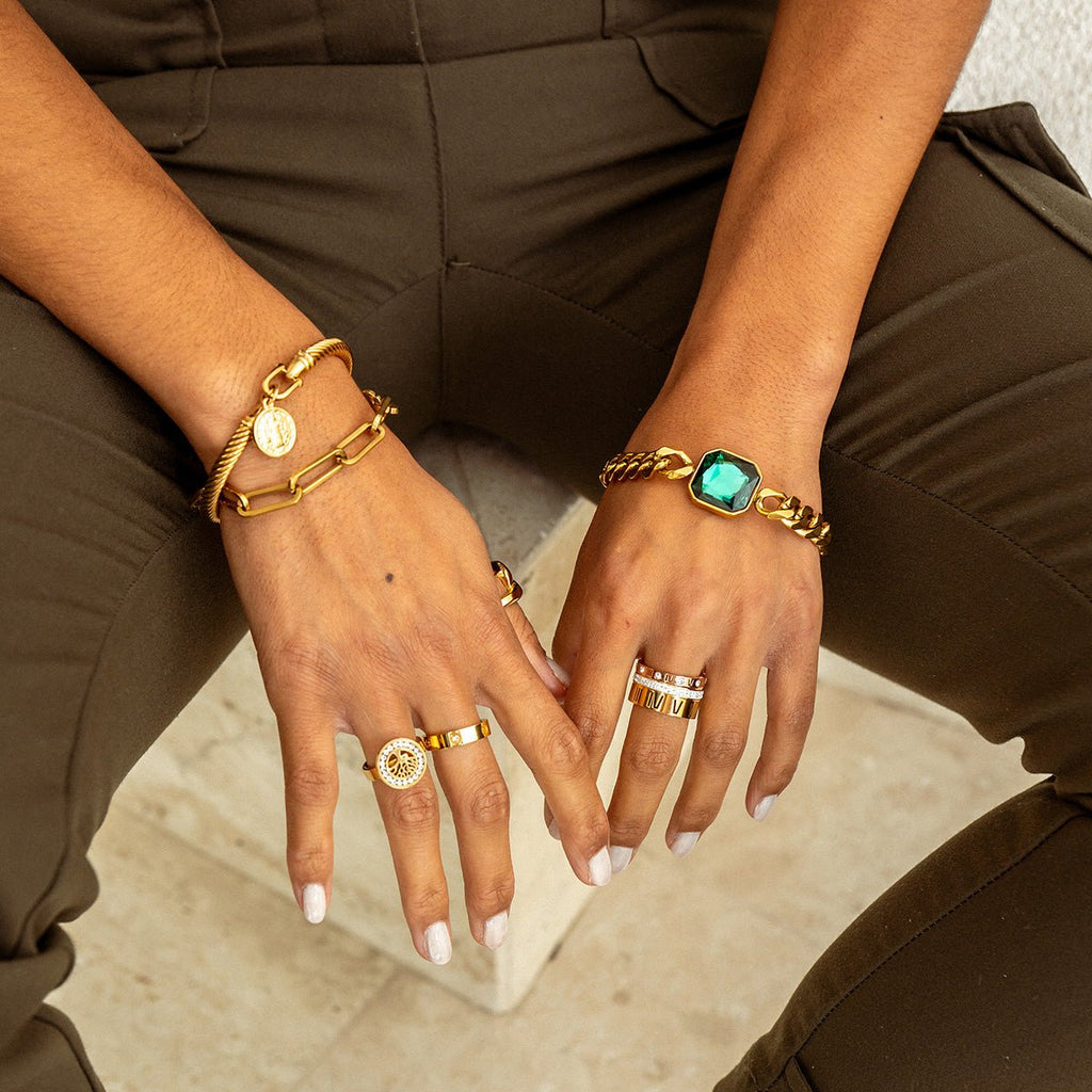 Image of the Serenity Stones Bracelet – an 18K gold stainless steel bracelet with calming natural stones for a peaceful, elegant everyday look.

