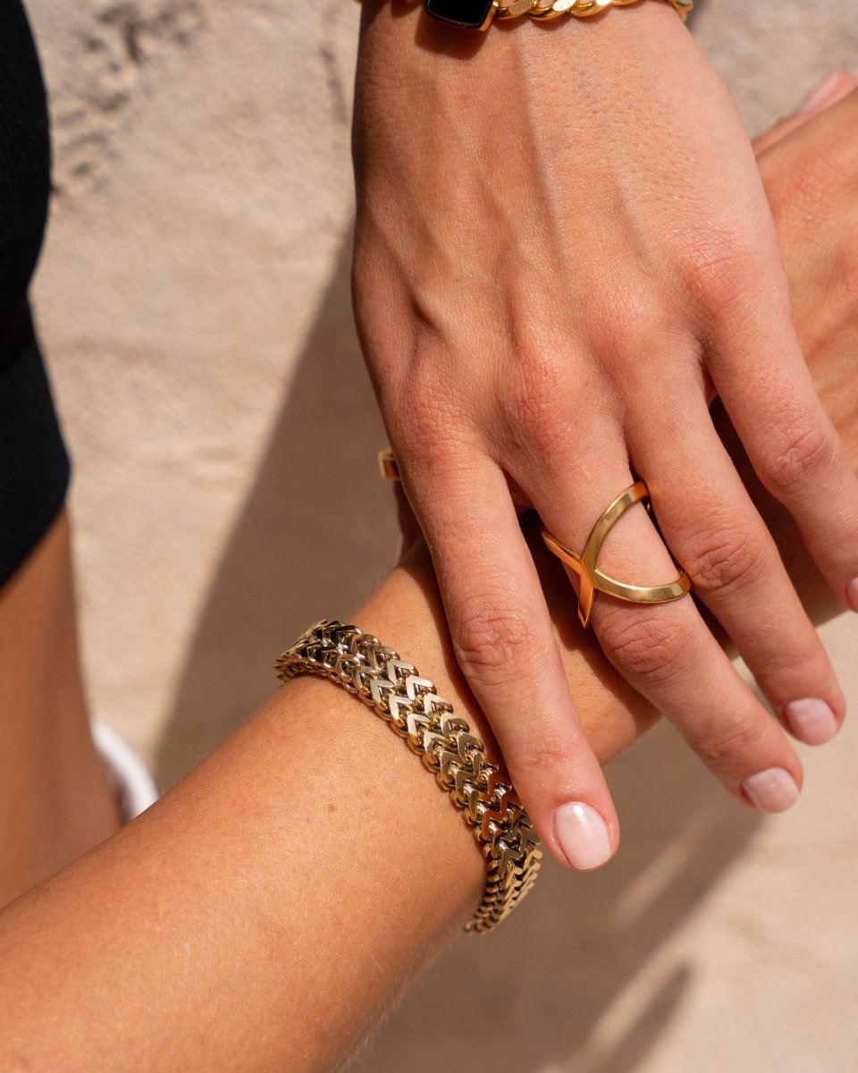 Image of the Vintage Vogue Bracelet – an 18K gold stainless steel bracelet with vintage-inspired details for a chic, timeless fashion statement.

